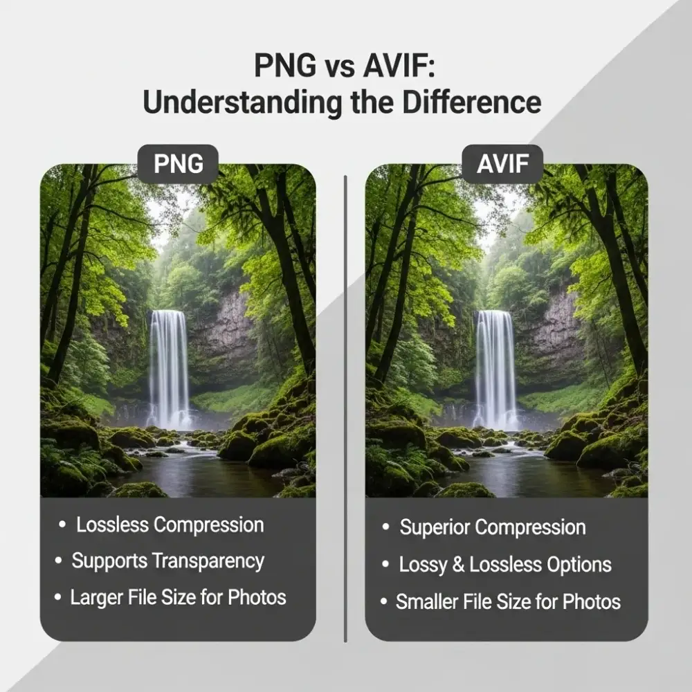 PNG vs AVIF converter comparison showing file compression differences — convert PNG to AVIF online for smaller file sizes