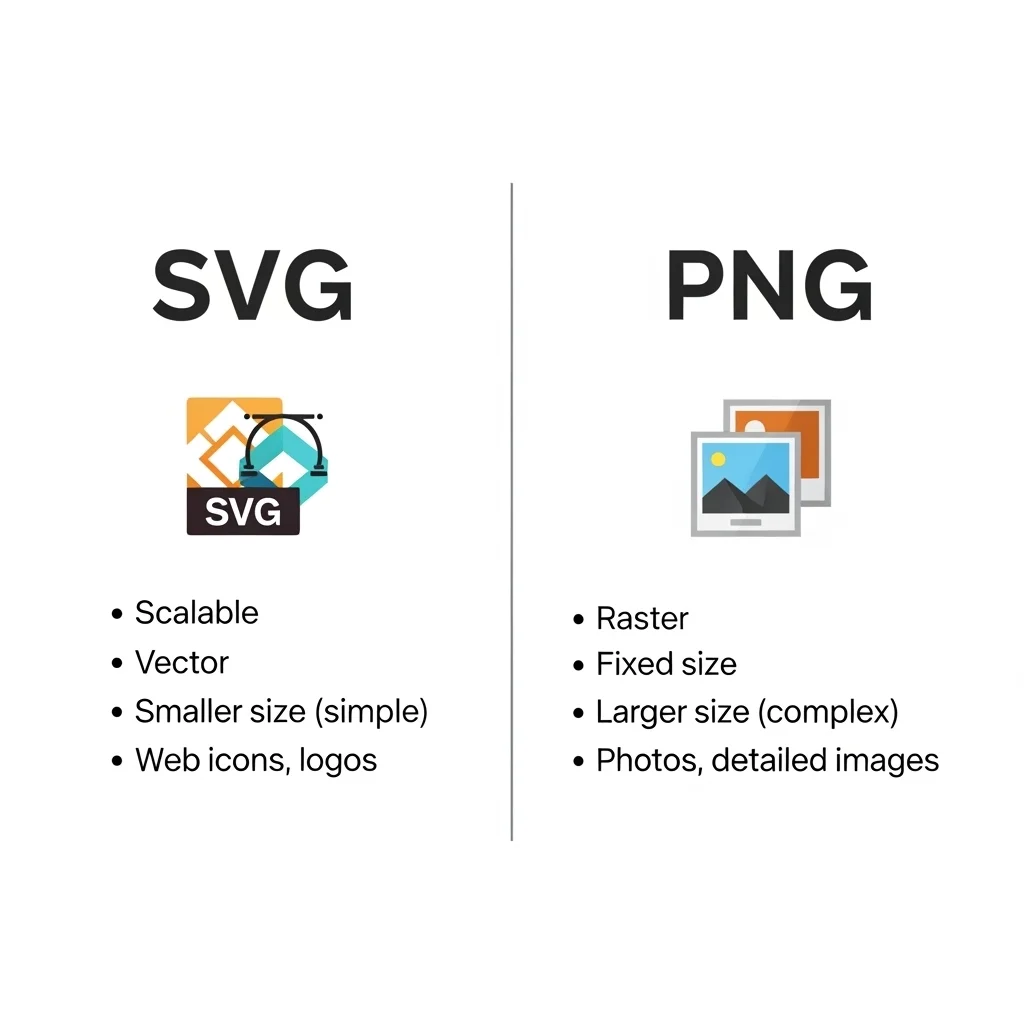 SVG vs PNG comparison chart showing key differences — scalable vector vs raster format for web icons and images