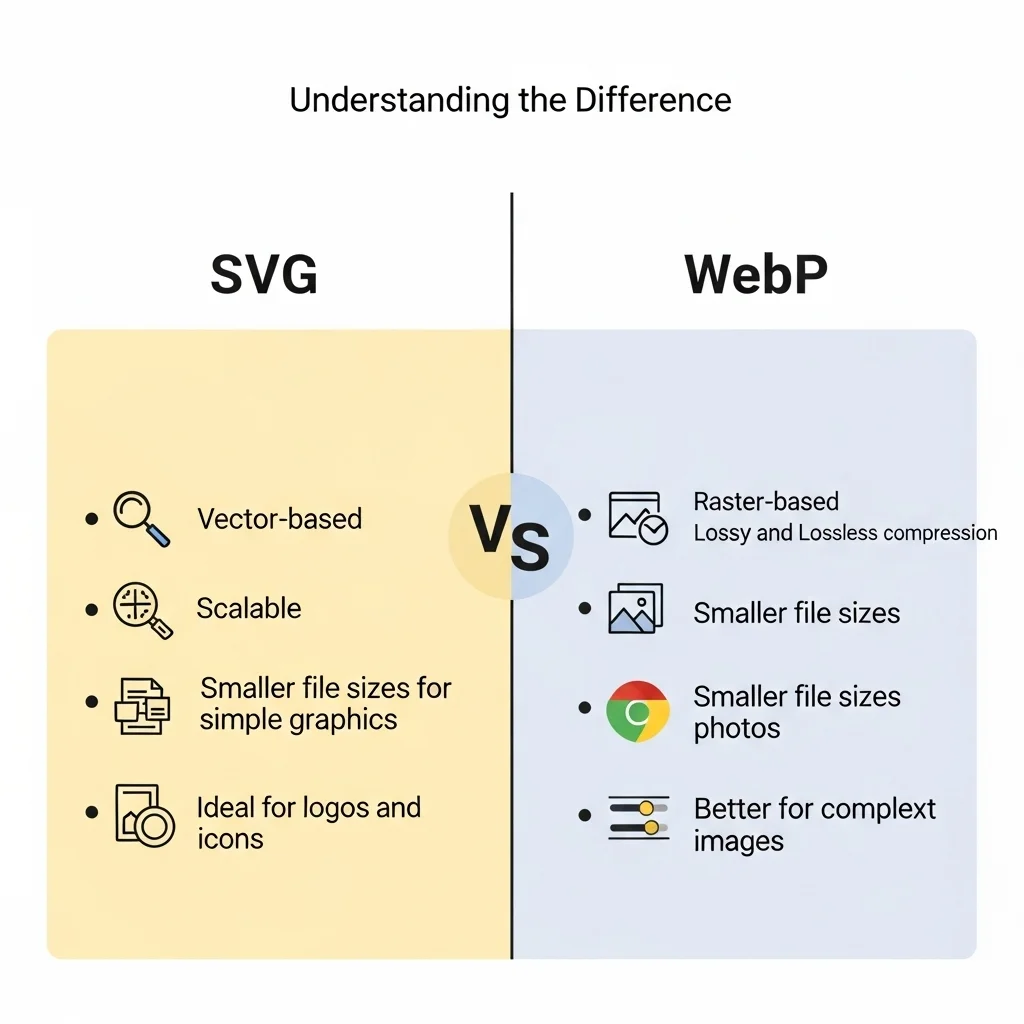 SVG vs WebP comparison chart showing key differences — vector-based scalable SVG vs raster-based WebP with lossy and lossless compression for web images