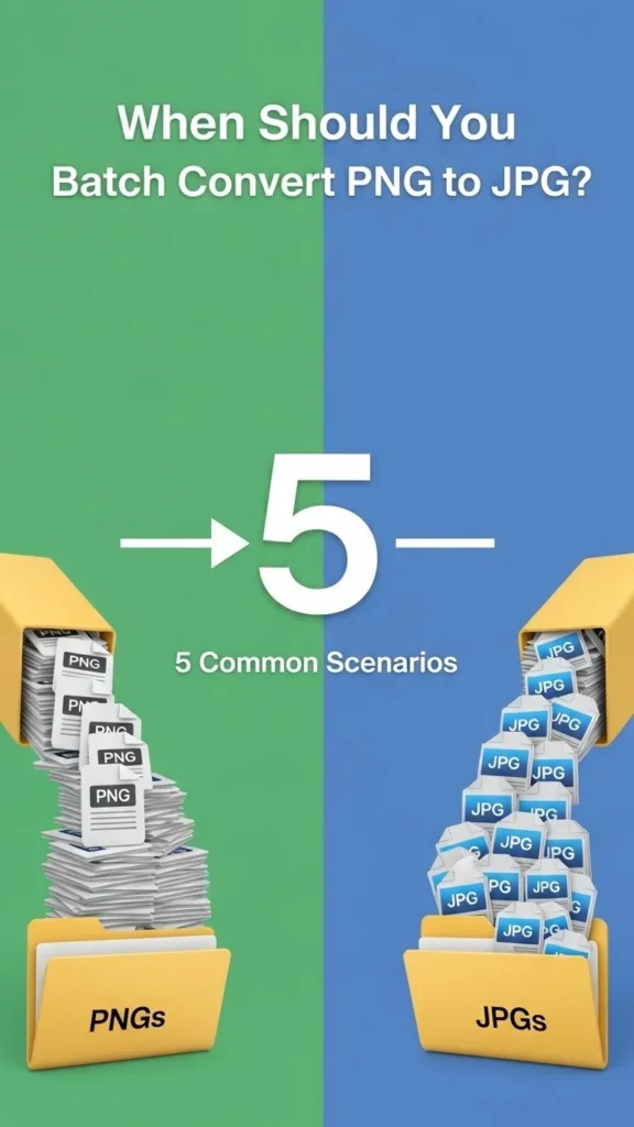 Infographic illustrating 5 common scenarios when to use a PNG to JPG converter online free — showing a folder of PNG files converting into JPG files with no download required.