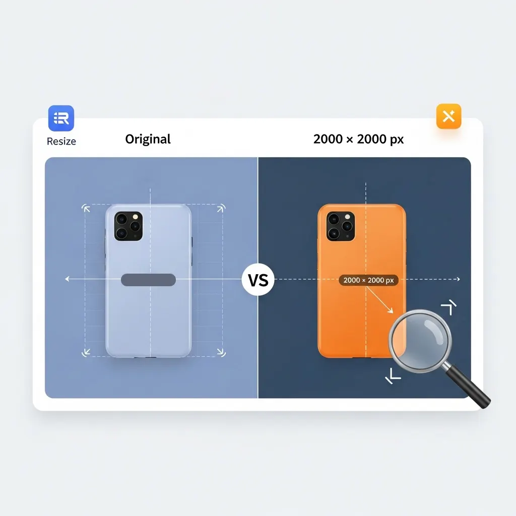Free Amazon Listing Image Tool: Comparison showing 2000×2000 vs original size dimensions to understand the difference in image quality