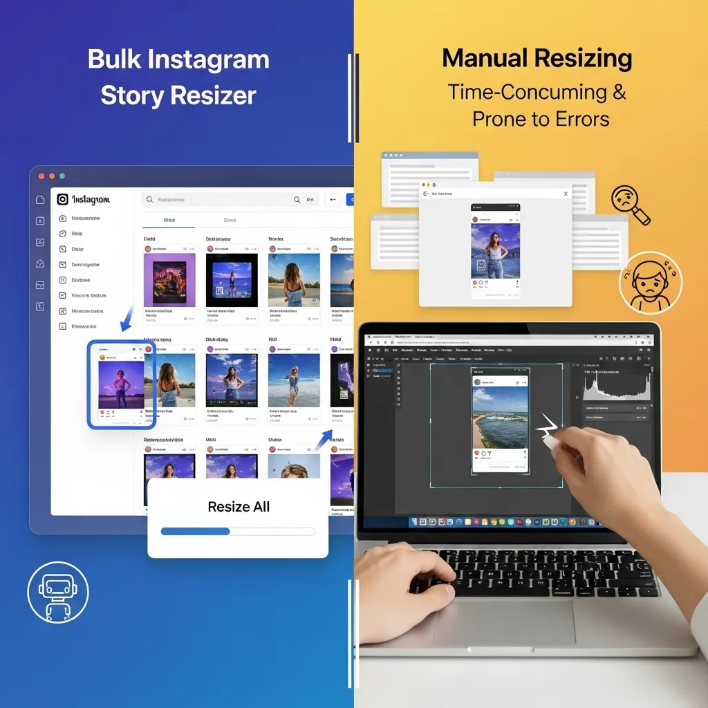 Free bulk Instagram story resizer processing multiple images to 1080x1920 pixels without watermarks