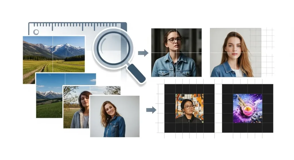 Instagram post resizer guide showing multiple images resized to 1080x1080 square format for grid layout optimization