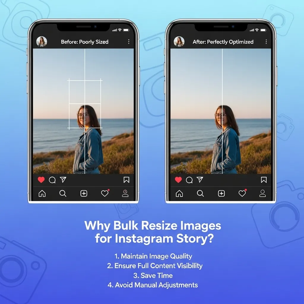 Bulk Instagram story resizer interface showing no watermark output and multiple 1080x1920 images processed simultaneously