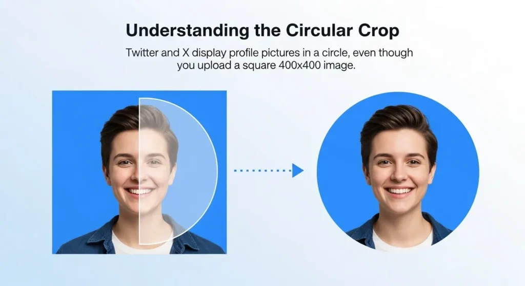Twitter profile picture resizer showing circular crop preview - demonstrating how 400x400 square images display in Twitter's circular frame