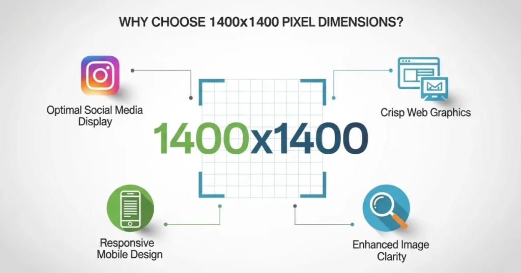 Infographic showing why resize image 1400x1400 pixels for social media, web graphics, mobile design, and image clarity