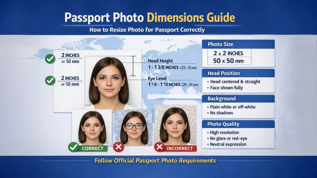 Passport photo dimensions guide showing how to resize photo for passport with correct head height, eye level, and 2x2 inch specifications