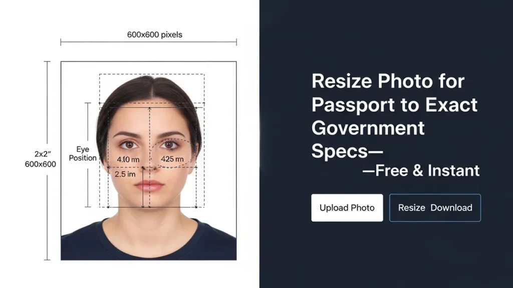 Resize photo for passport tool interface showing 600x600 pixel dimensions with upload and download buttons for US passport photo size