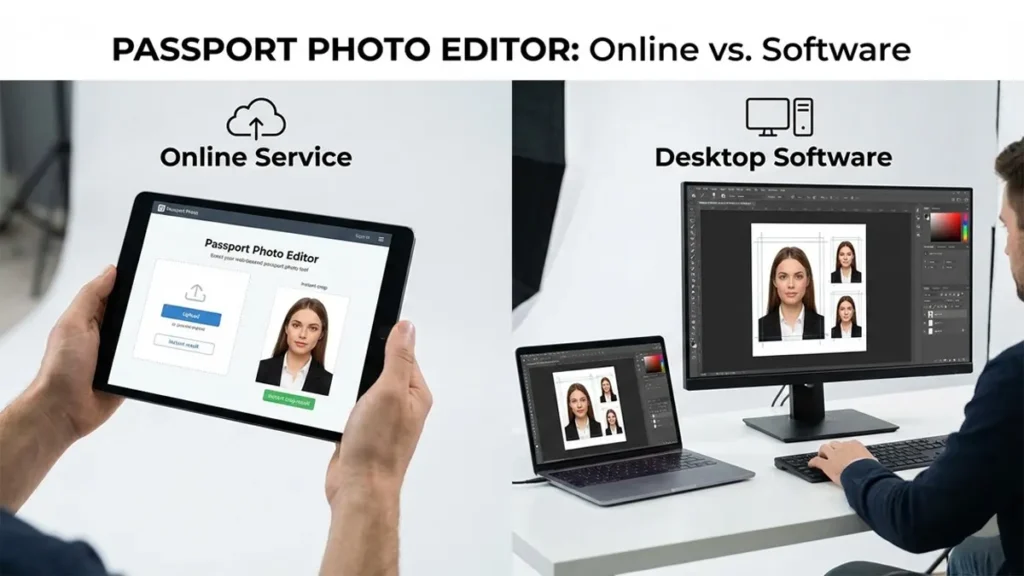 Comparison showing how to resize photo for passport online versus desktop software - online tool on tablet vs Photoshop on computer
