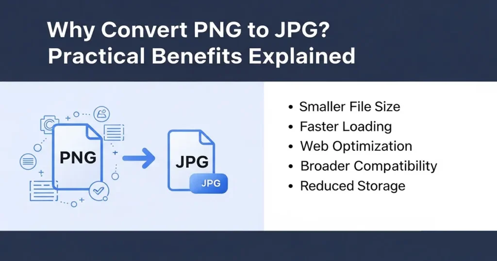 Convert PNG to JPG benefits including smaller file size, faster loading, and web optimization