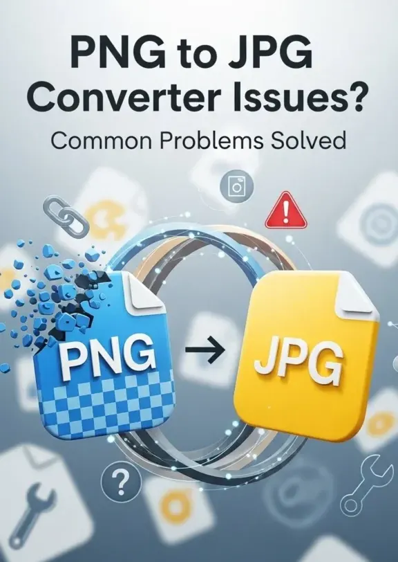 3D illustration of common PNG to JPG converter online free issues — showing a crumbling PNG file converting to JPG surrounded by error and troubleshooting icons with common problems solved.