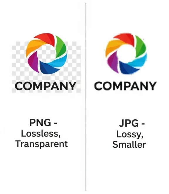 PNG to JPG technical comparison showing PNG as lossless and transparent versus JPG as lossy and smaller, with a file size and quality graph — use a bulk PNG to JPG converter to reduce file size without compromising performance.