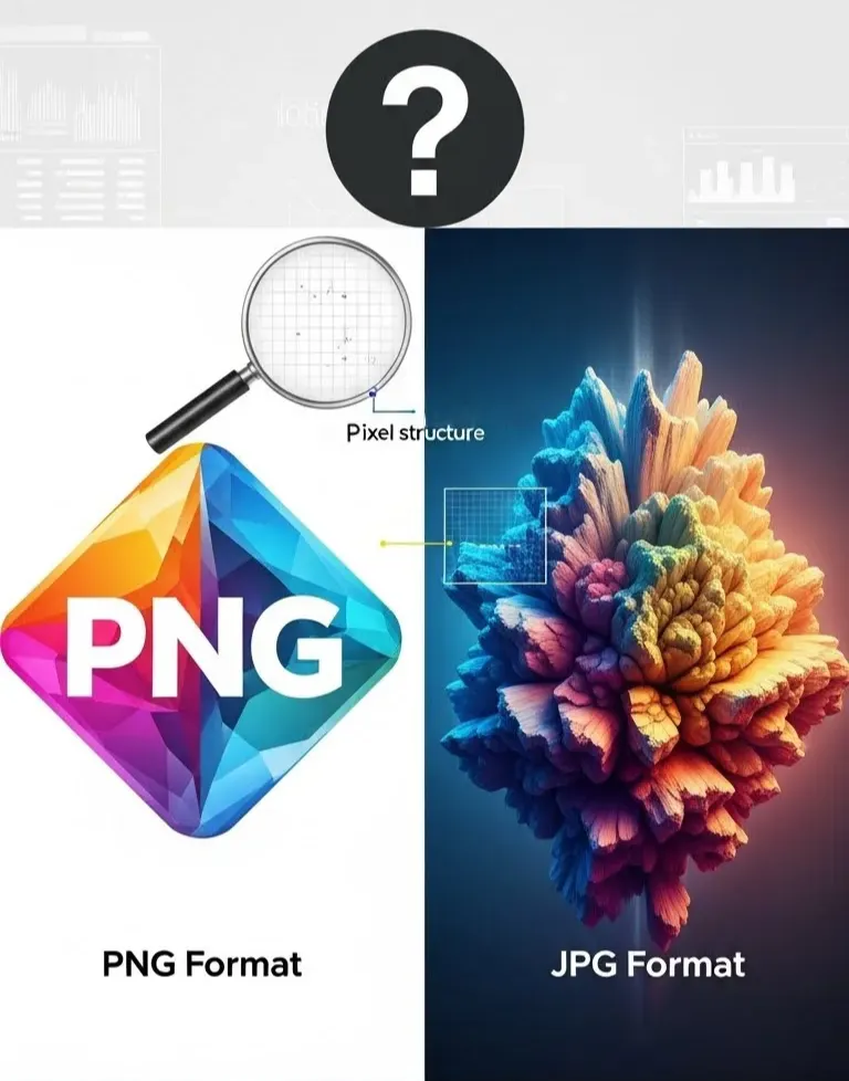 PNG to JPG converter online free guide comparing PNG format with pixel structure view against vibrant JPG format — helping you choose the right image format for your needs.