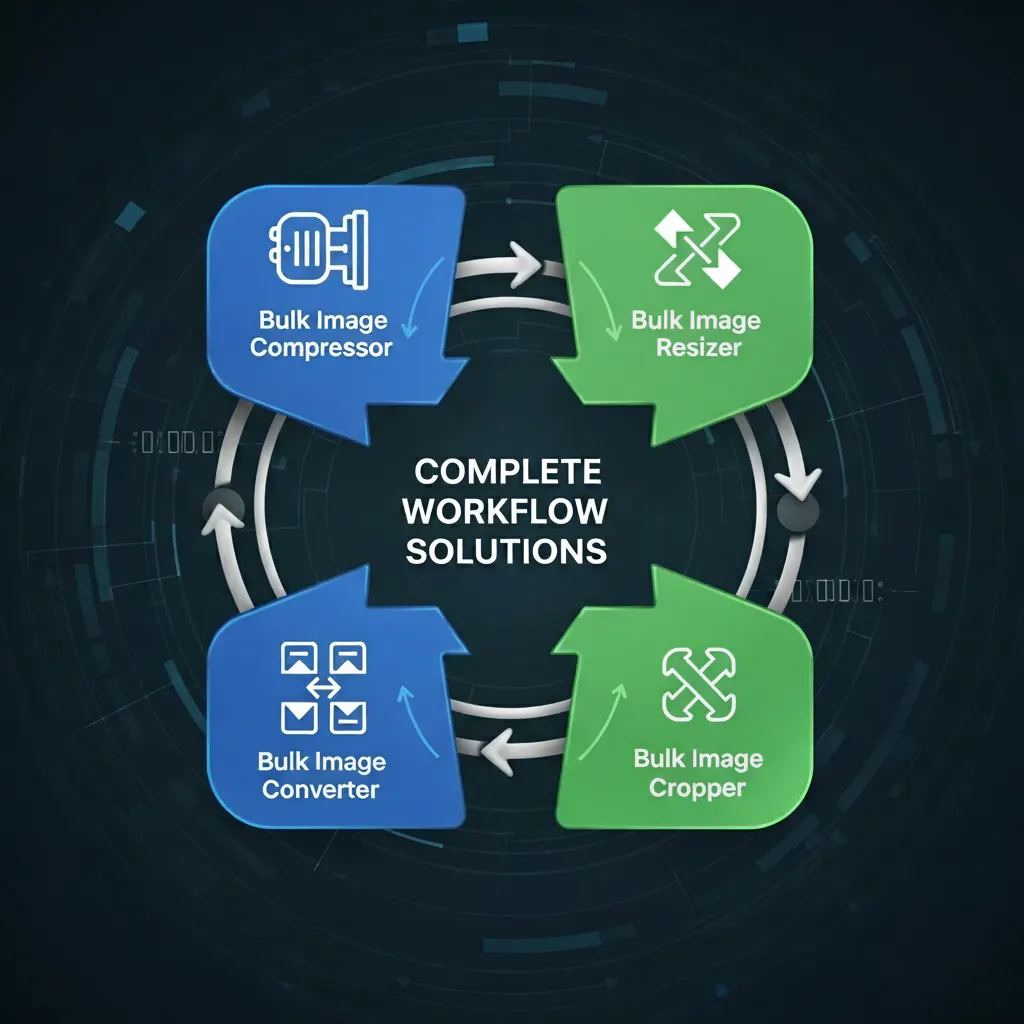 Complete workflow solutions diagram showing bulk PNG to JPG converter alongside bulk image compressor, resizer, and cropper tools — forming a full cycle of online image conversion and processing.